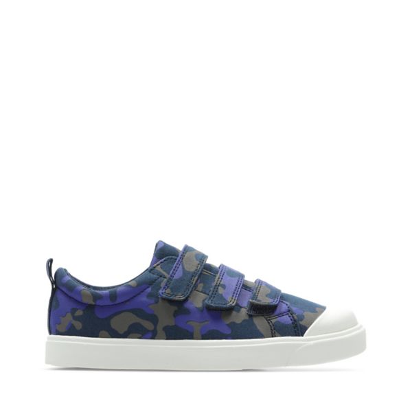 Clarks Girls City Flare Lo Kid Canvas Navy Camo | CA-852173